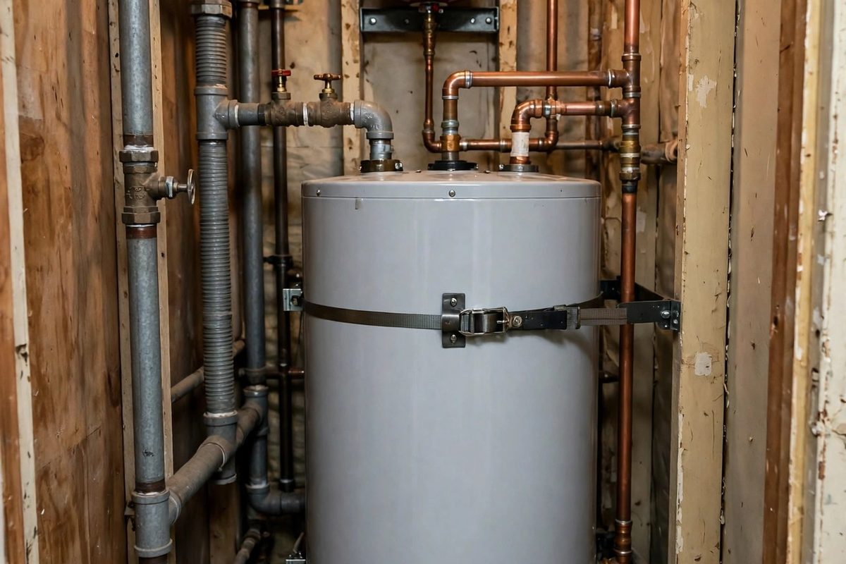 Grey tank water heater with seismic straps and copper piping in a narrow Sherrelwood mechanical closet